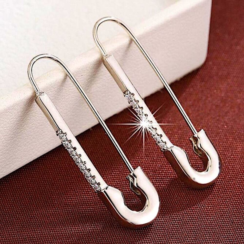 Silver Zircon Safety Pin Earrings, Minimalist, Punk, Gift For Teenager